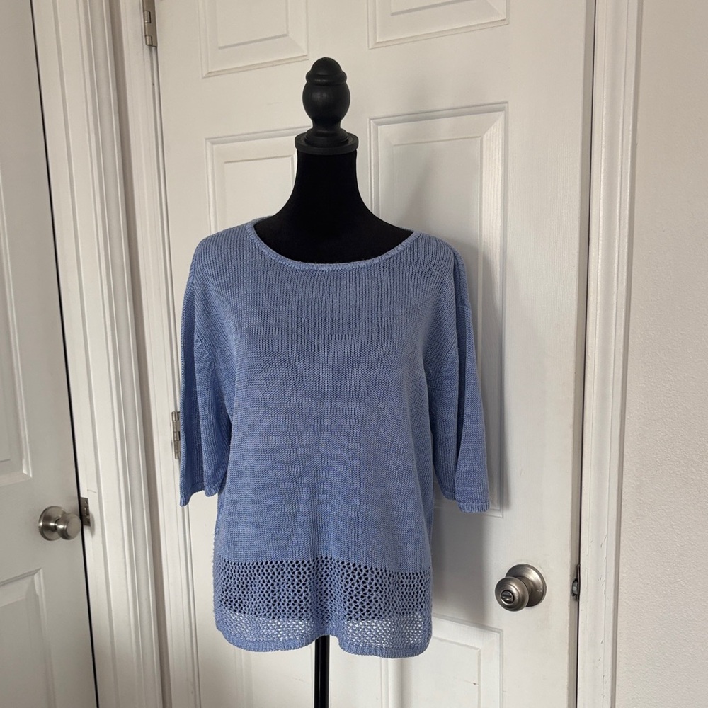 Requirements Light Blue Crew Neck Linen Blend Short Sleeve Sweater